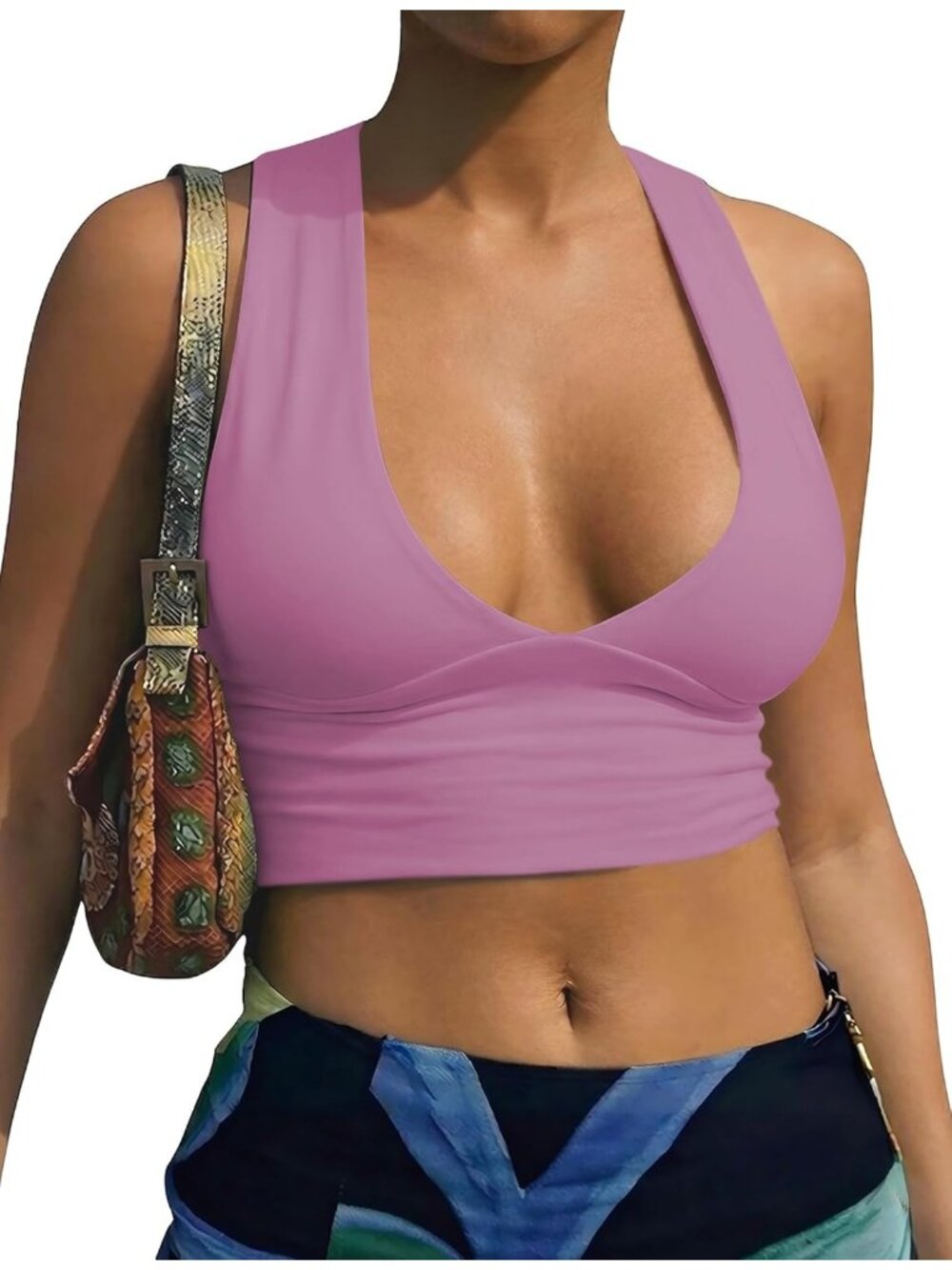 Women's Purple Back Plunge Racer Cutout V Neck  Pull On Sleeveless Crop Tops